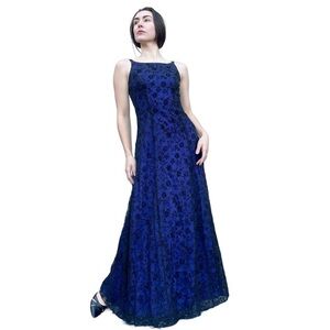 Y2K Whimsigoth Vintage Velvet Mesh Layered Betsey & Adam Boat Neck Prom Dress